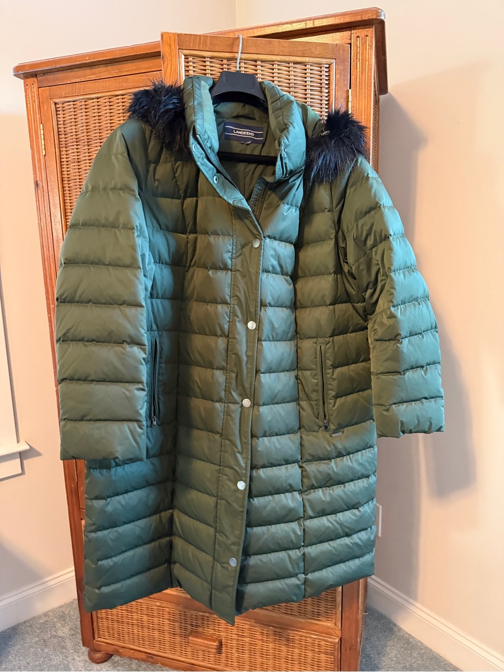 Lands' End Women's Olive Green Quilted Long Puffer Coat with Faux Fur Trim